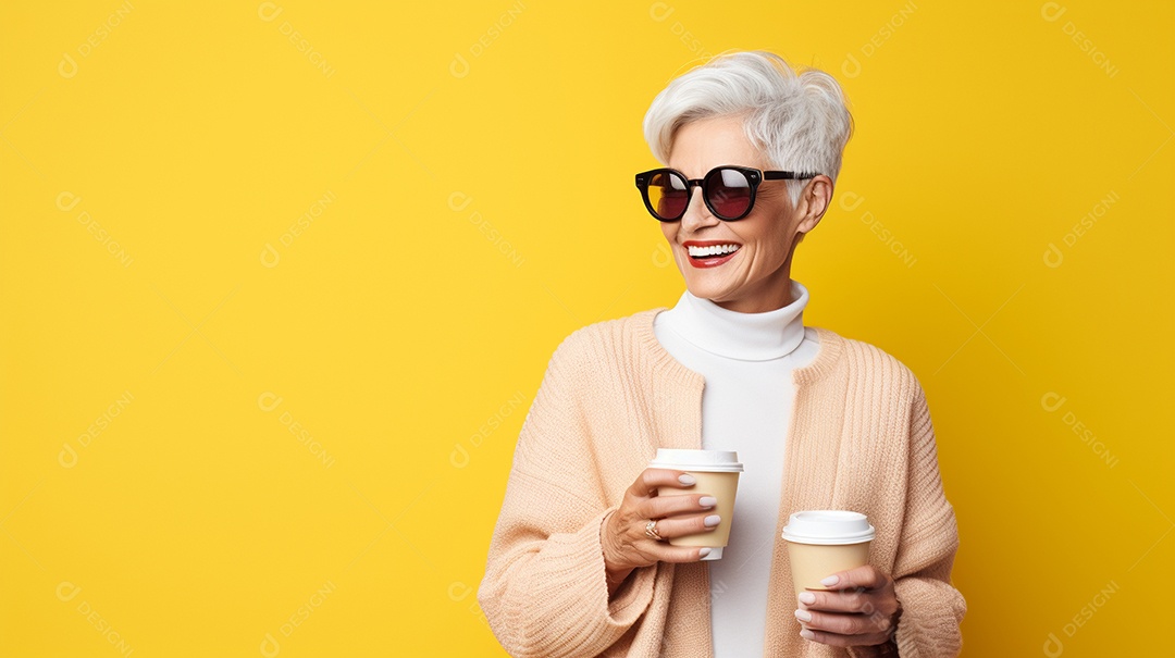 Idosa segurando copo de café sobre fundo isolado