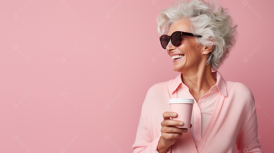 Idosa segurando copo de café sobre fundo isolado