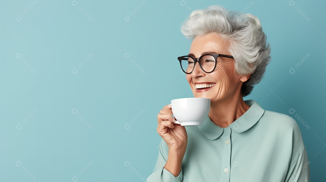 Idosa segurando copo de café sobre fundo isolado