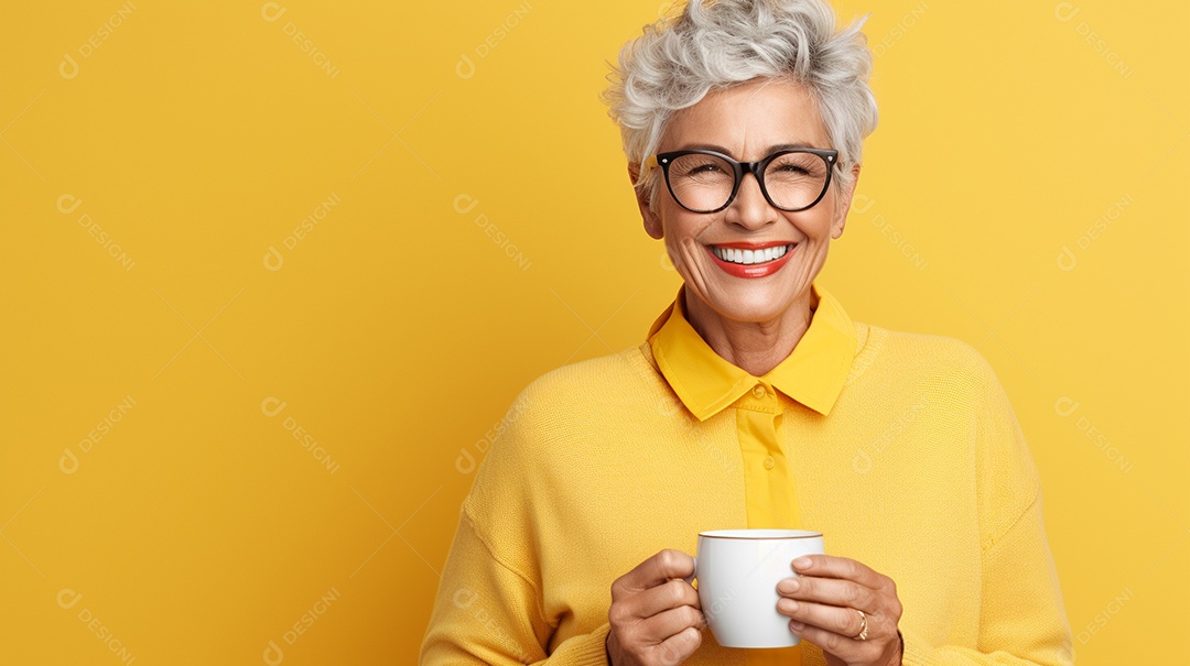 Idosa segurando copo de café sobre fundo isolado