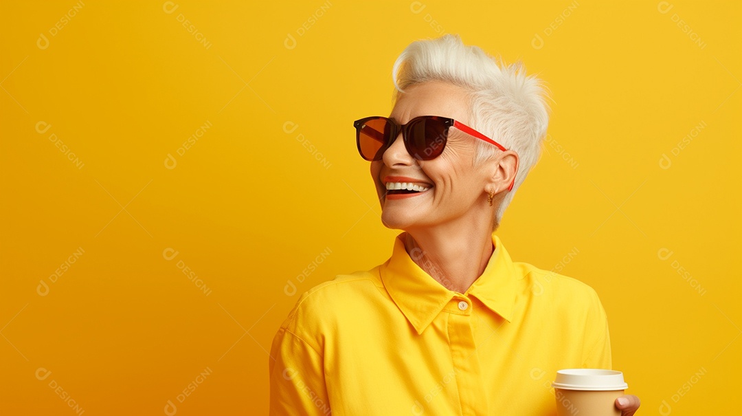 Idosa segurando copo de café sobre fundo isolado