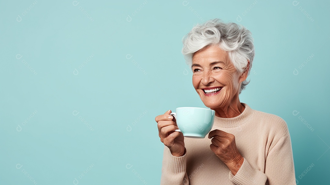 Idosa segurando copo de café sobre fundo isolado