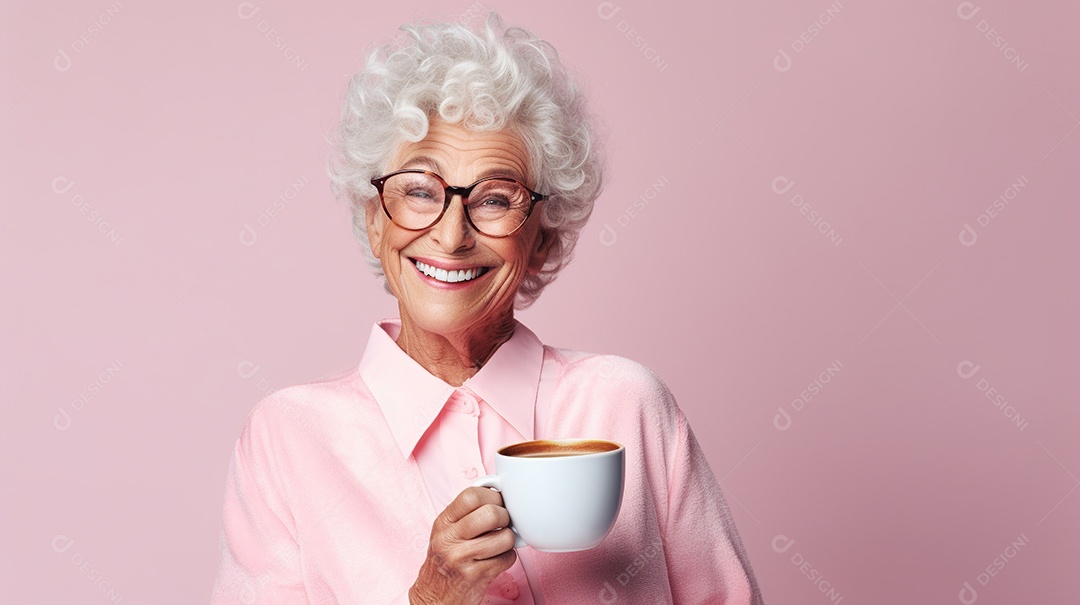 Idosa segurando copo de café sobre fundo isolado