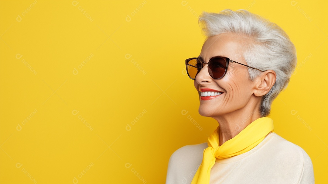 Idosa segurando copo de café sobre fundo isolado