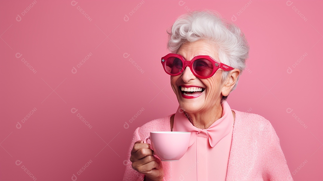 Idosa segurando copo de café sobre fundo isolado