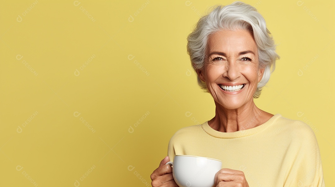 Idosa segurando copo de café sobre fundo isolado