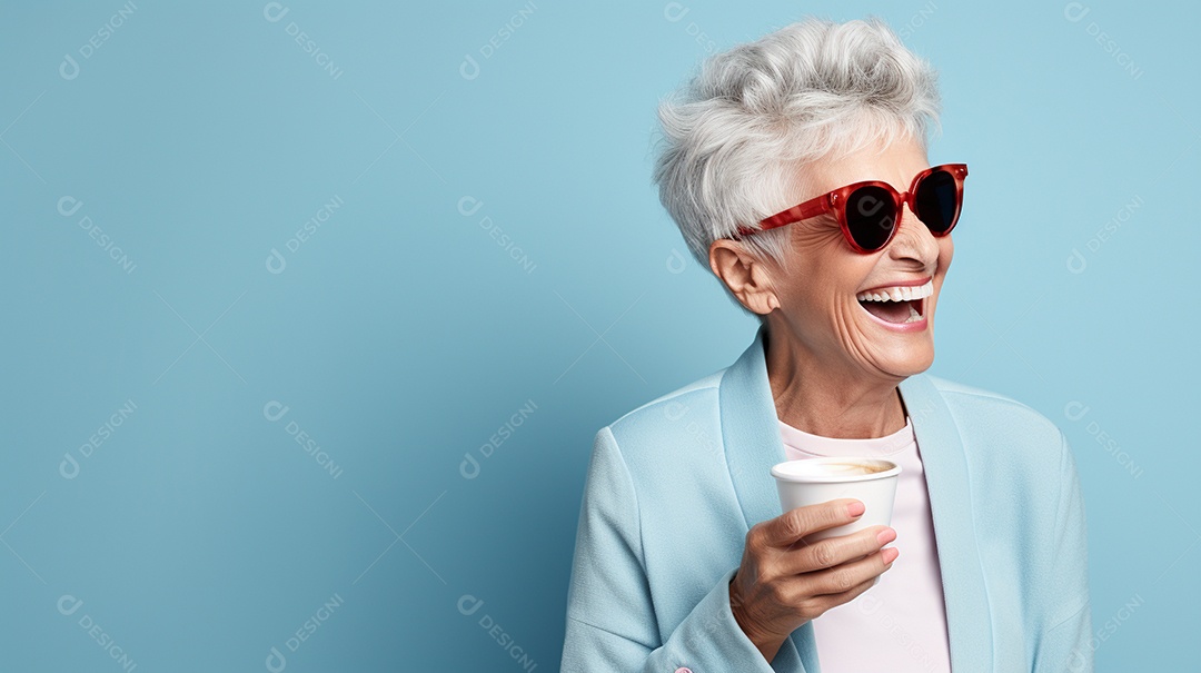 Idosa segurando copo de café sobre fundo isolado