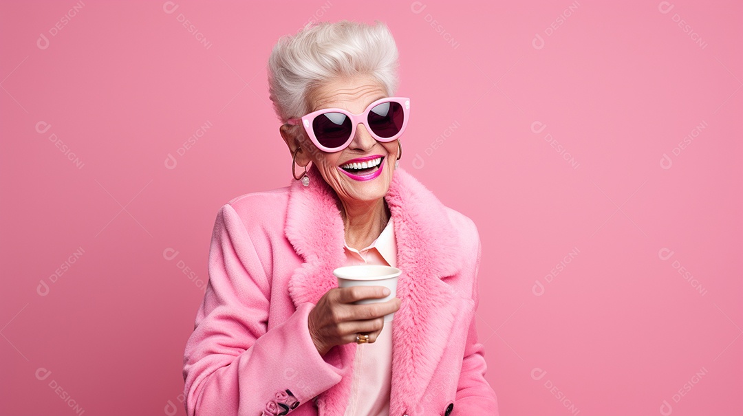 Idosa segurando copo de café sobre fundo isolado