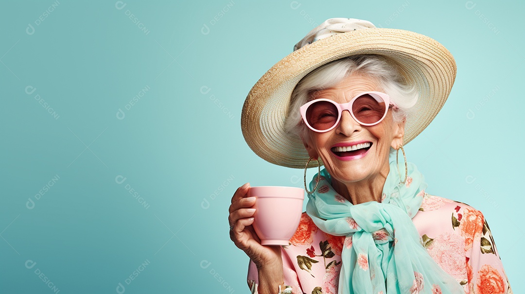 Idosa segurando copo de café sobre fundo isolado