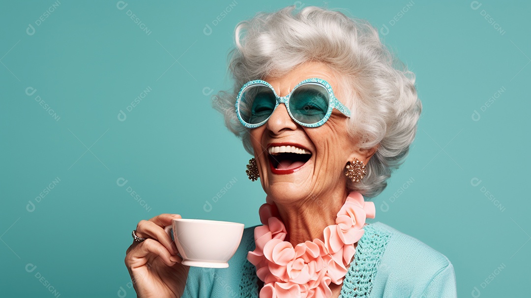 Idosa segurando copo de café sobre fundo isolado