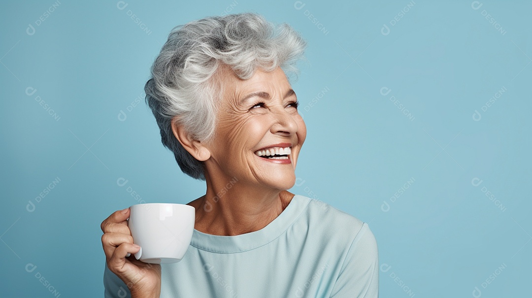 Idosa segurando copo de café sobre fundo isolado