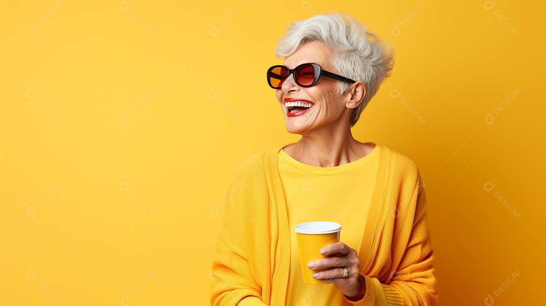 Idosa segurando copo de café sobre fundo isolado