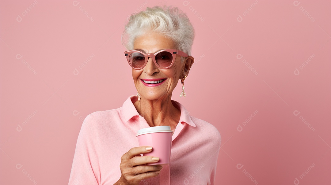 Idosa segurando copo de café sobre fundo isolado