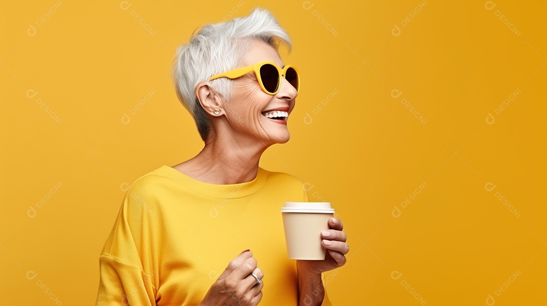 Idosa segurando copo de café sobre fundo isolado