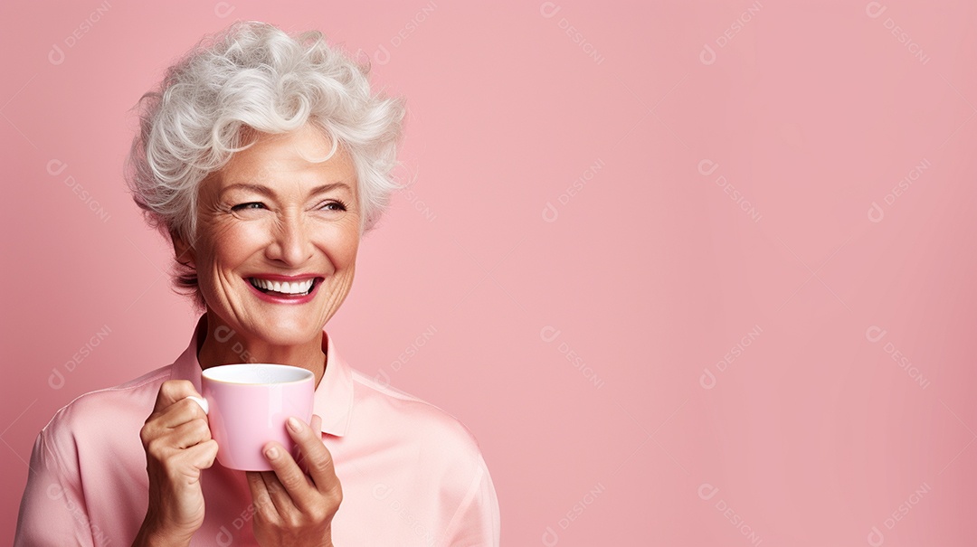 Idosa segurando copo de café sobre fundo isolado