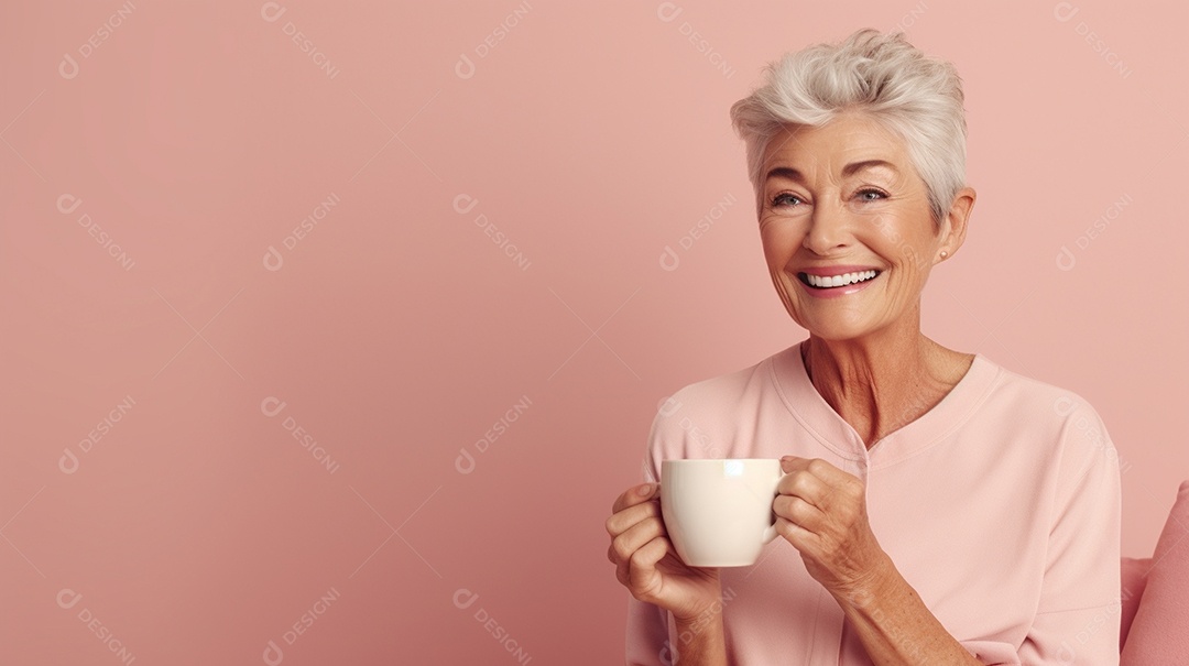 Idosa segurando copo de café sobre fundo isolado