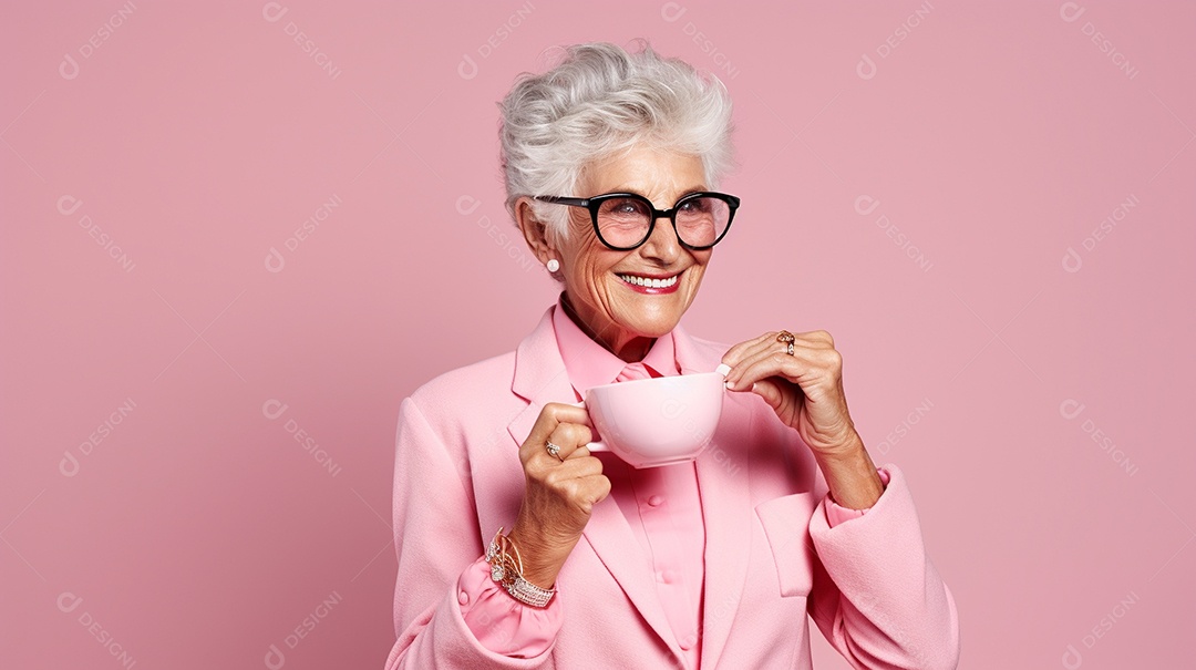 Idosa segurando copo de café sobre fundo isolado