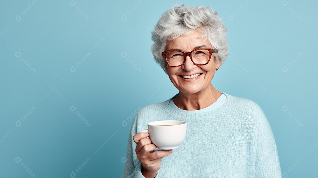 Idosa segurando copo de café sobre fundo isolado