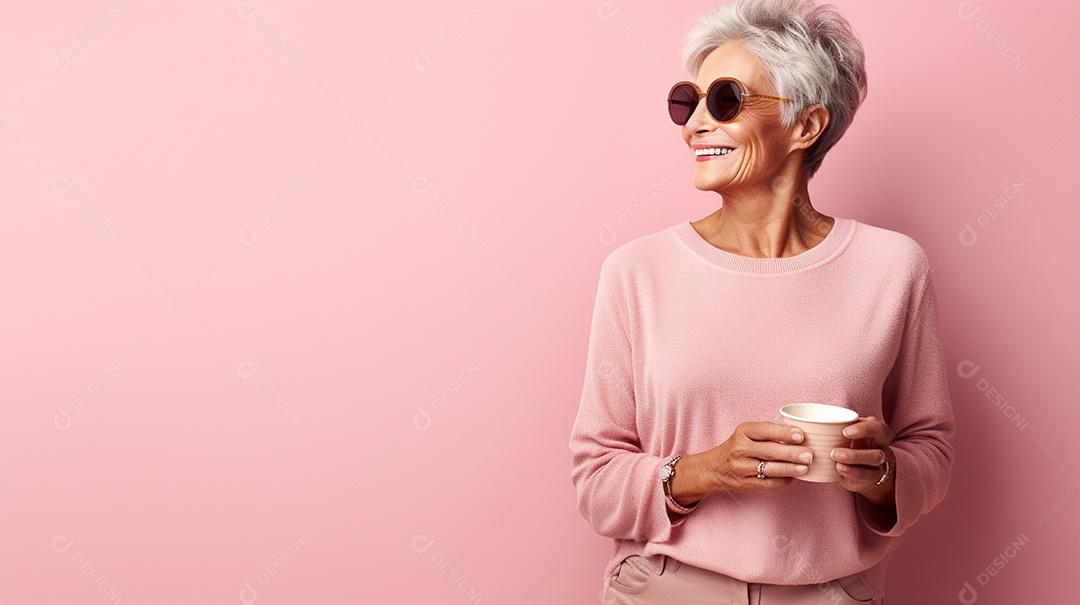 Idosa segurando copo de café sobre fundo isolado