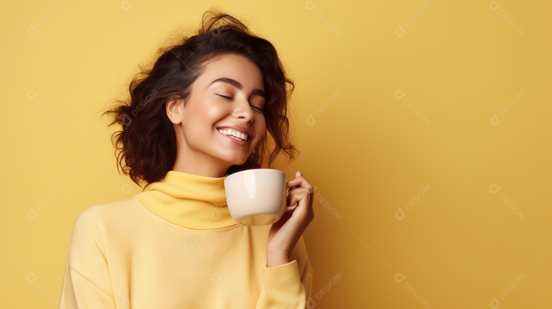 Mulher feliz com café