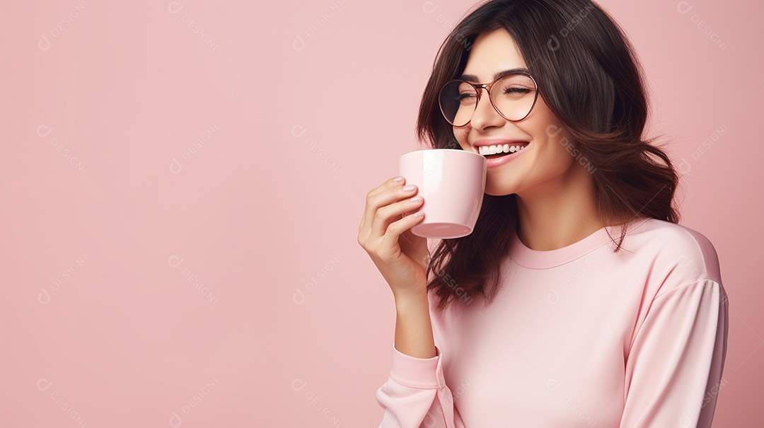 Mulher feliz com café