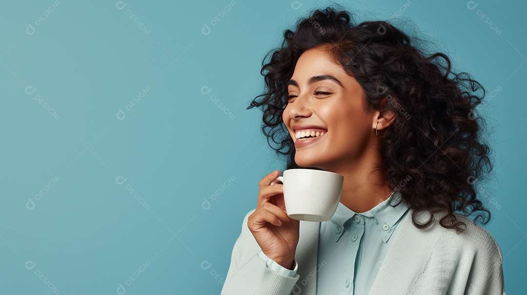 Mulher feliz com café