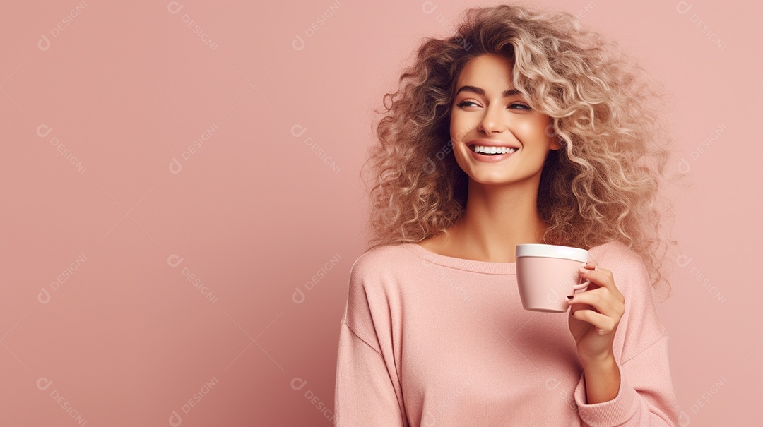 Mulher feliz com café