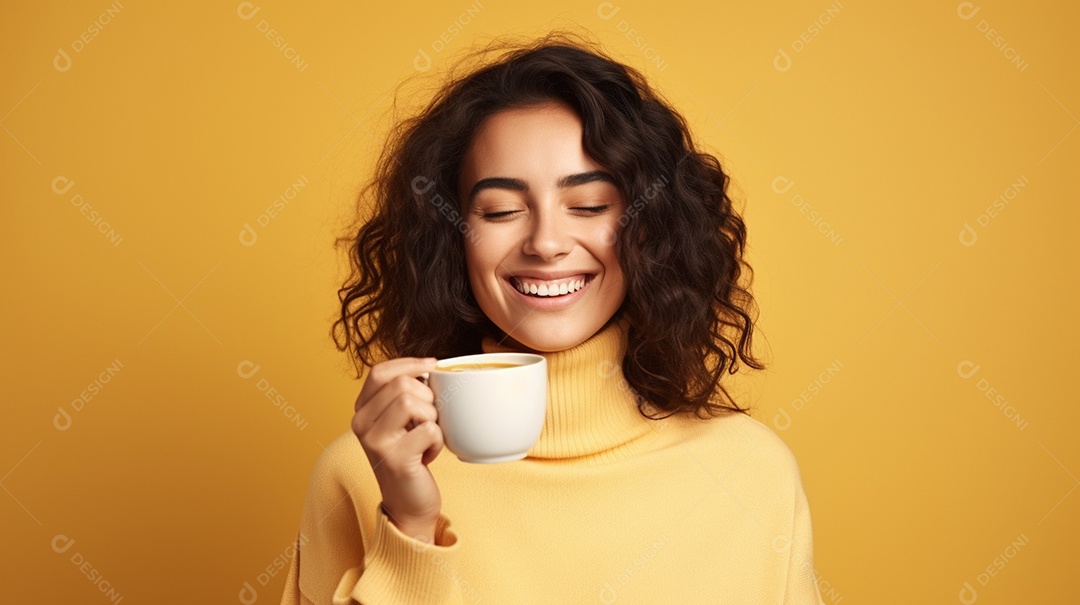 Mulher feliz com café