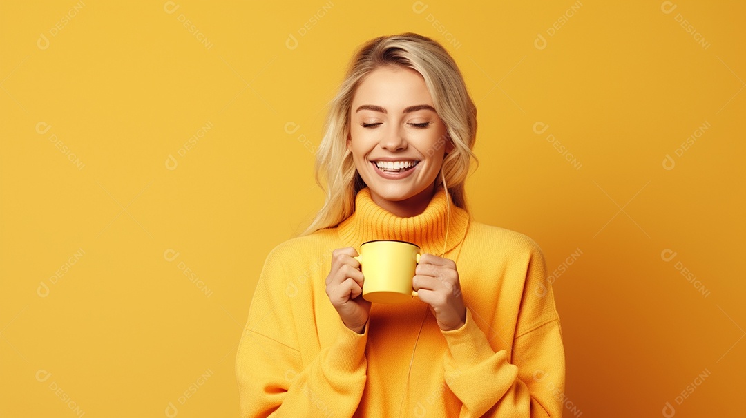 Mulher feliz com café
