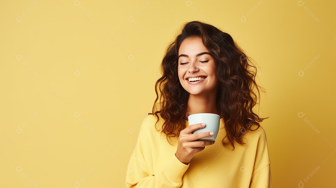Mulher feliz com café