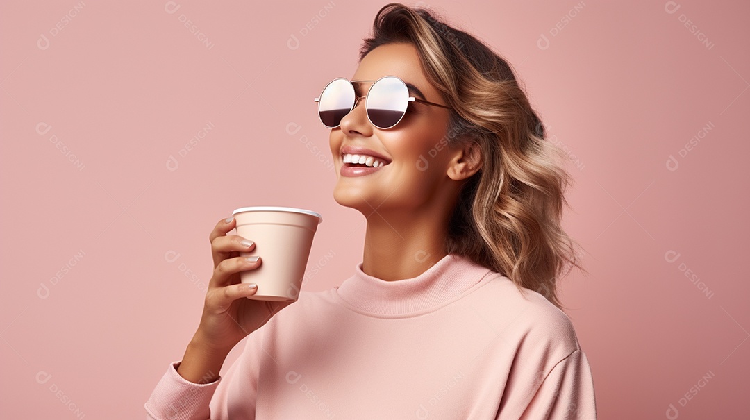 Mulher feliz com café