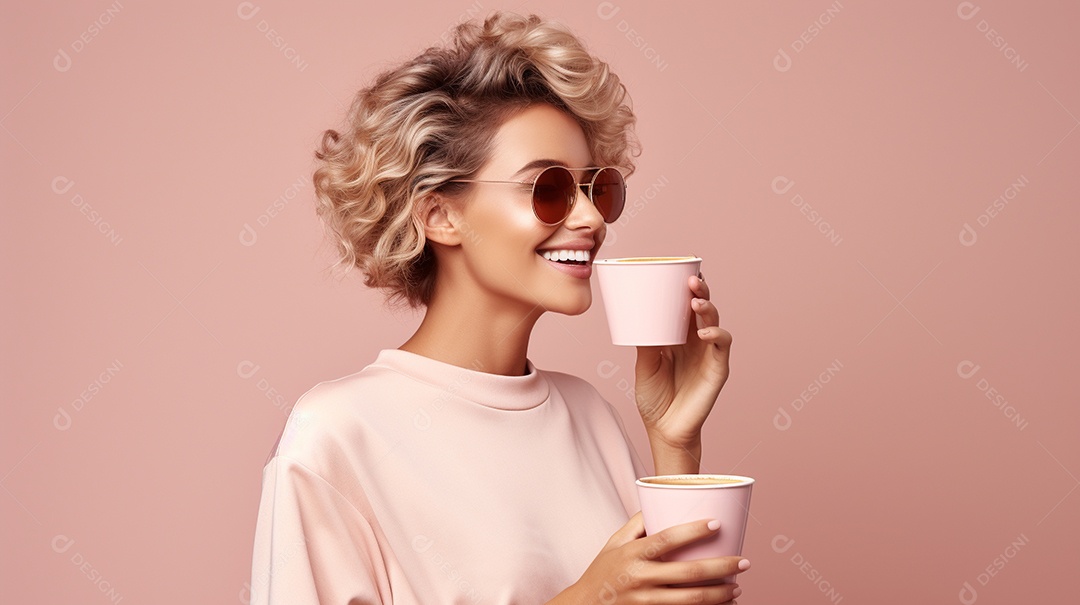 Mulher feliz com café