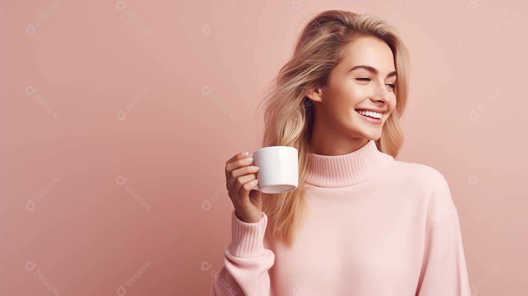 Mulher feliz com café
