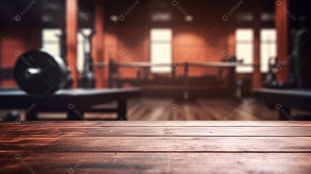 Cenário de mesa de madeira sobre fundo de academia