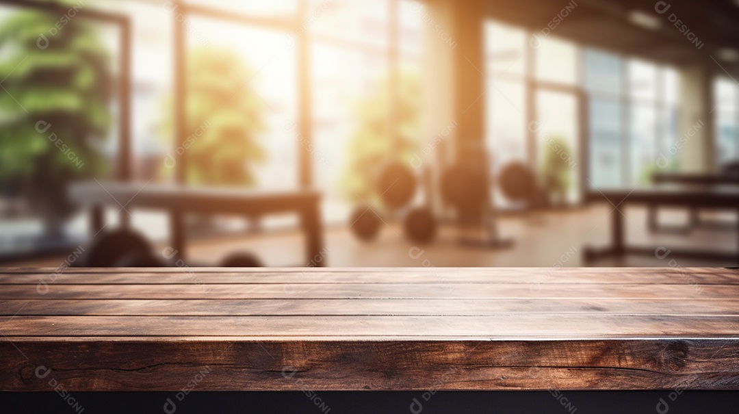 Cenário de mesa de madeira sobre fundo de academia