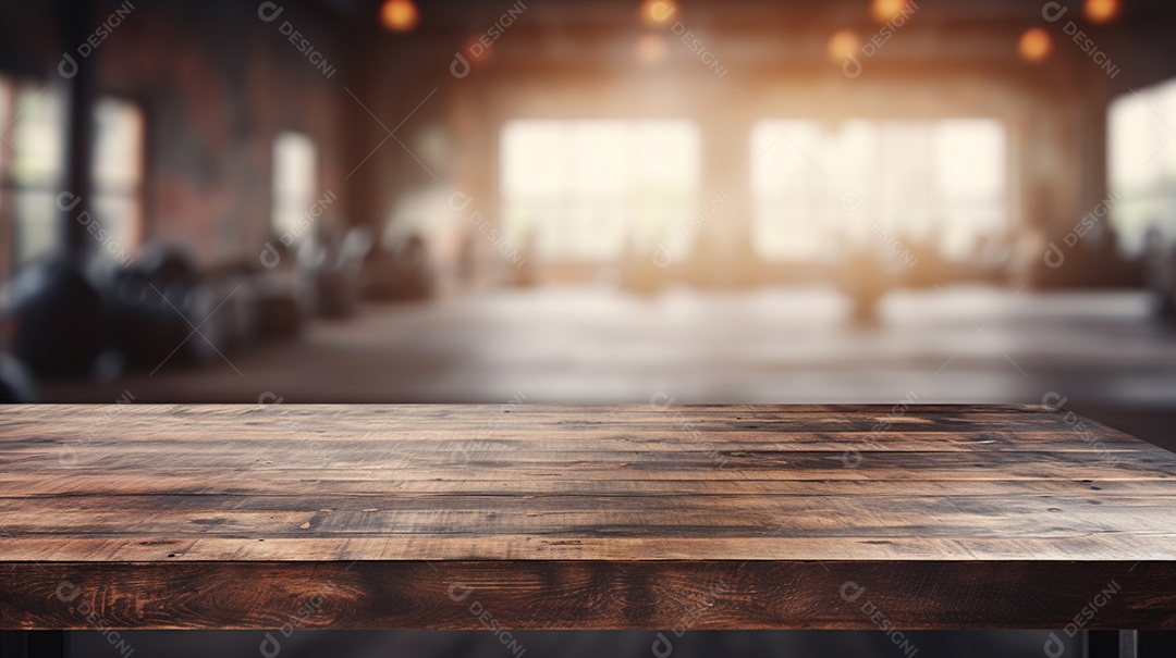 Cenário de mesa de madeira sobre fundo de academia