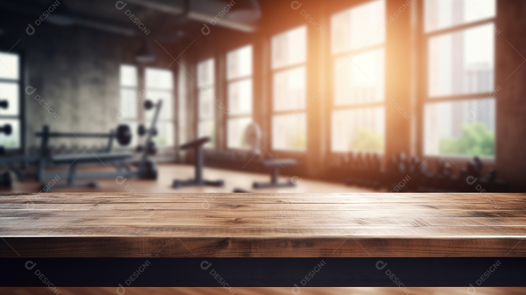 Cenário de mesa de madeira sobre fundo de academia