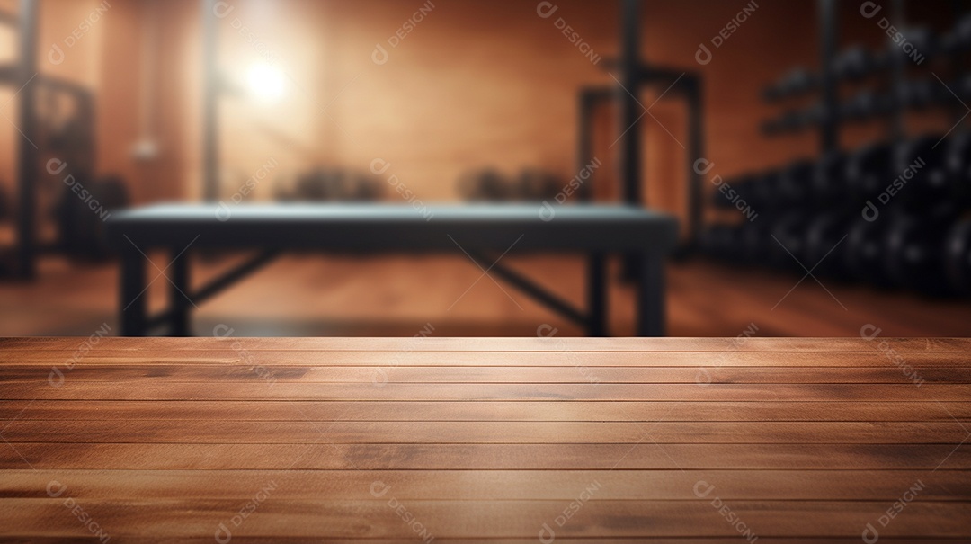 Cenário de mesa de madeira sobre fundo de academia