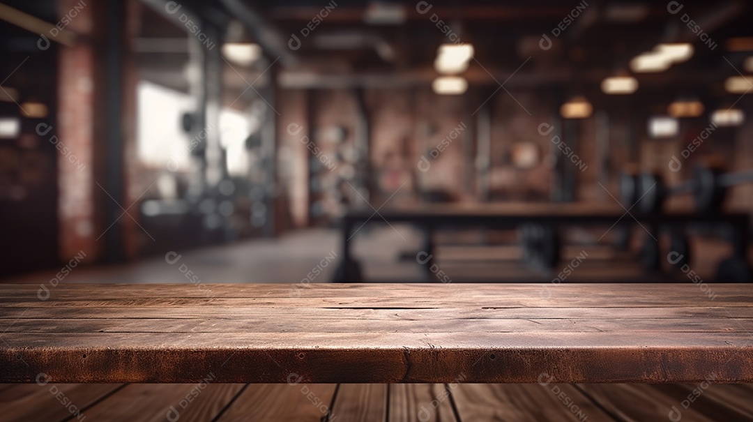 Cenário de mesa de madeira sobre fundo de academia