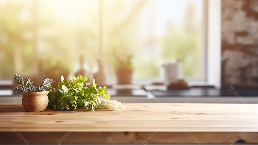 Cenário de mesa de madeira sobre fundo desfocado