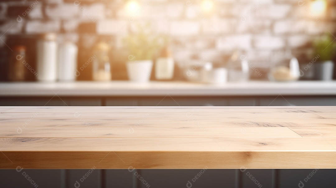 Cenário de mesa de madeira sobre fundo desfocado