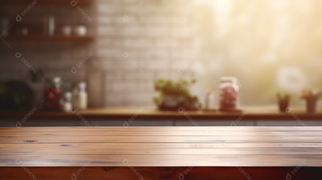 Cenário de mesa de madeira sobre fundo desfocado