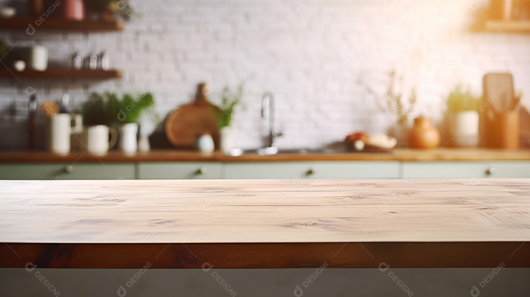 Cenário de mesa de madeira sobre fundo desfocado