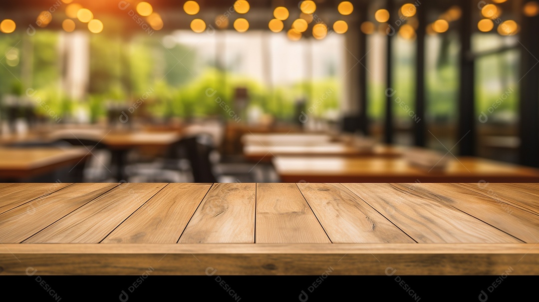 Cenário de mesa de madeira sobre fundo desfocado