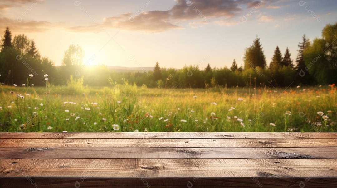Cenário de mesa de madeira sobre fundo desfocado