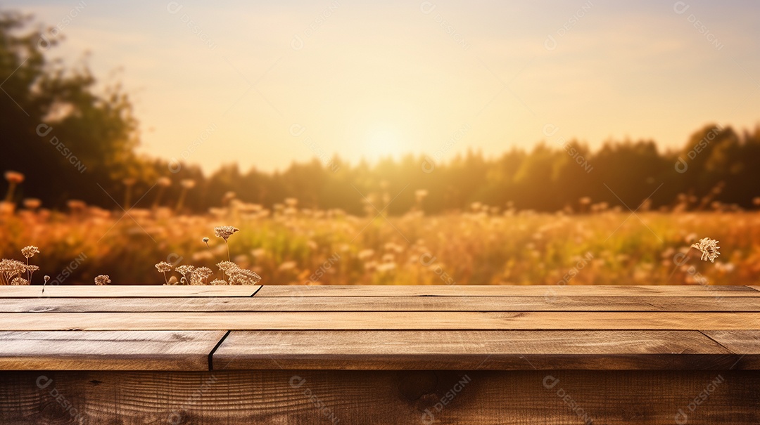 Cenário de mesa de madeira sobre fundo de floresta