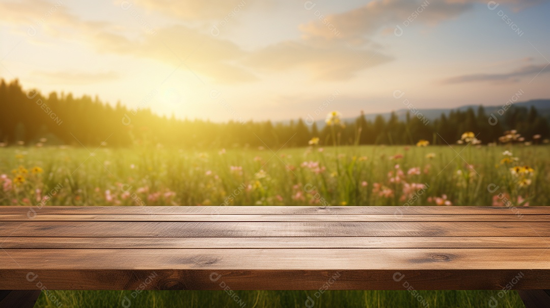 Cenário de mesa de madeira sobre fundo de floresta