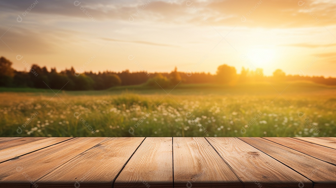 Cenário de mesa de madeira sobre fundo de floresta