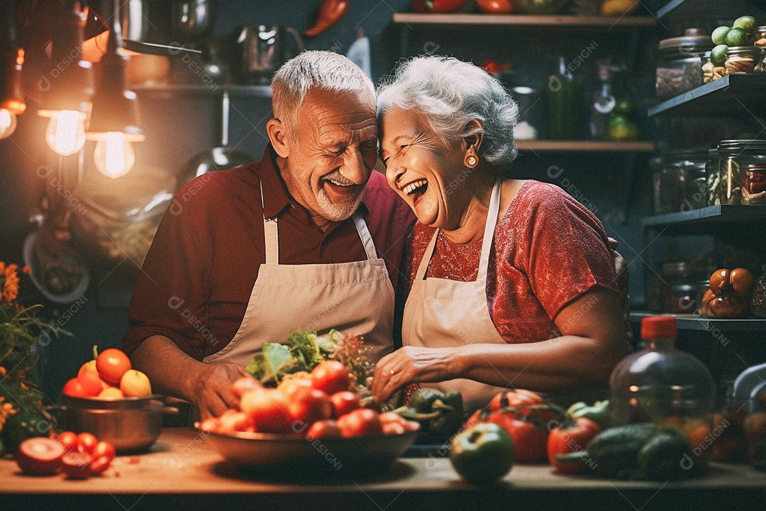Casal de idosos cozinhando o jantar