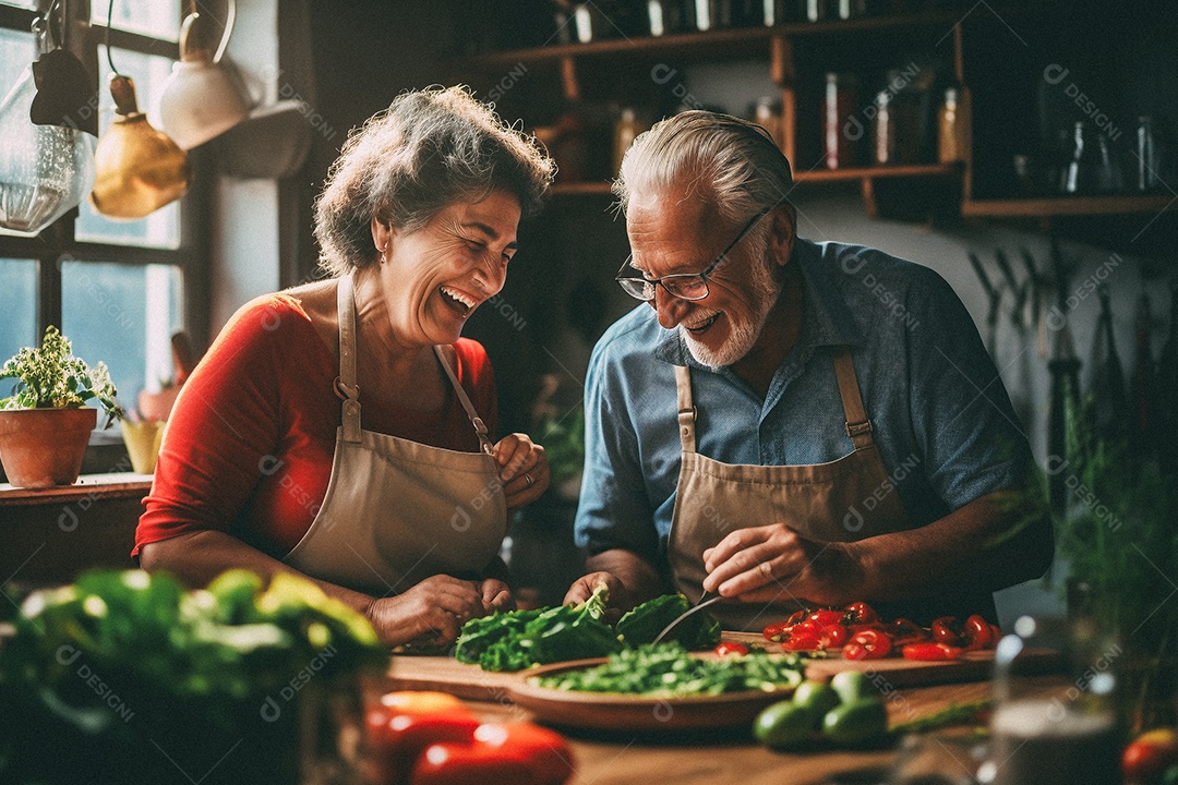 Casal de idosos cozinhando o jantar